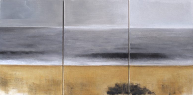Am Horizont Landschaft mit grauem Himmel, Wasser, Welle und sandigem Boden.