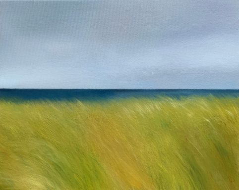 Hinter der Düne Unschärfer Strand mit grassierenden Gräsern im Vordergrund und einem ruhigen Meer dahinter.